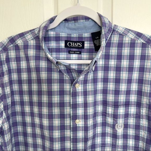 CHAPS Easy Care Purple Plaid Shirt Button Down Preppy Sharp Crest Logo Size L - Picture 2 of 11